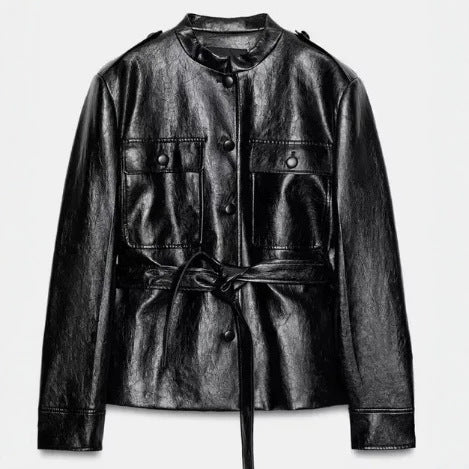 Dam Tailored Suede Jacka i Military Look med Stå Krage, Lock Fickor och Dold Knapp Knäppning