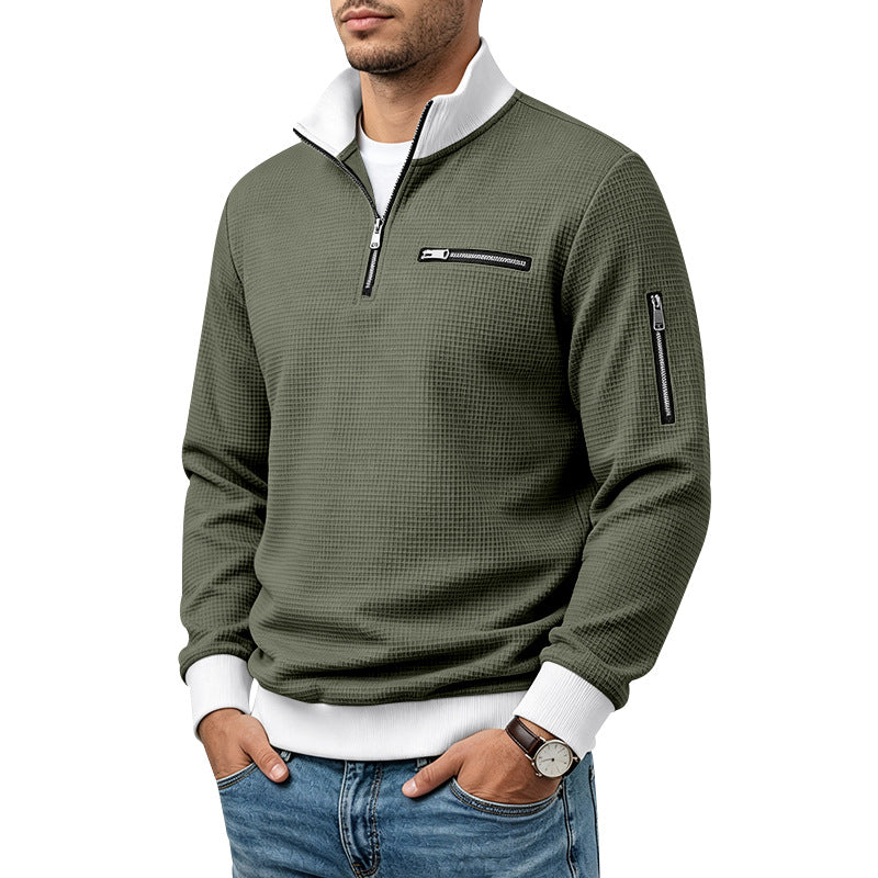 Herr Waffle-Stickad Turtleneck med Contrast Krage, Zippered Bröstficka och Ärmficka