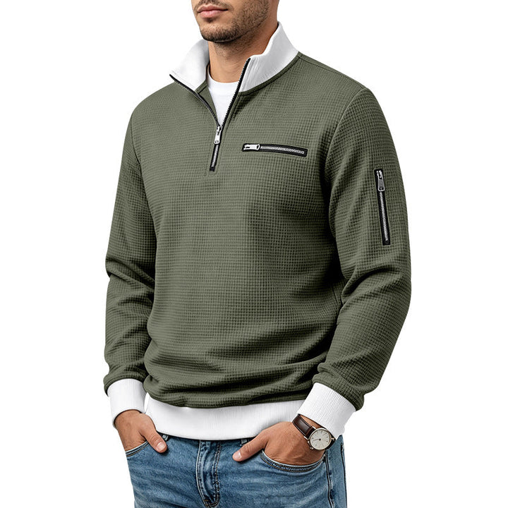Herr Waffle-Stickad Turtleneck med Contrast Krage, Zippered Bröstficka och Ärmficka