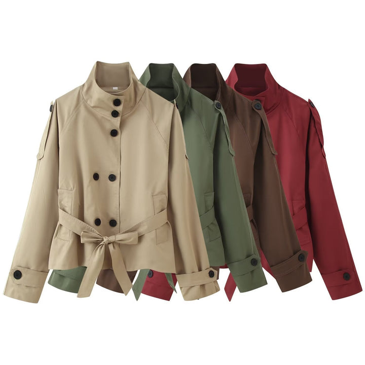 Dam 400+ Kort Fitted Trench Jacka med Stå Krage, Double-Breasted Knapp Knäppning och Belt