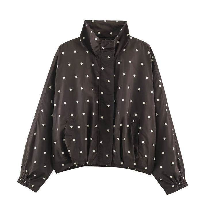 Dam Oversized Vindjacka med Dot Tryck, Hög Ståkrage och Elastic Fåll
