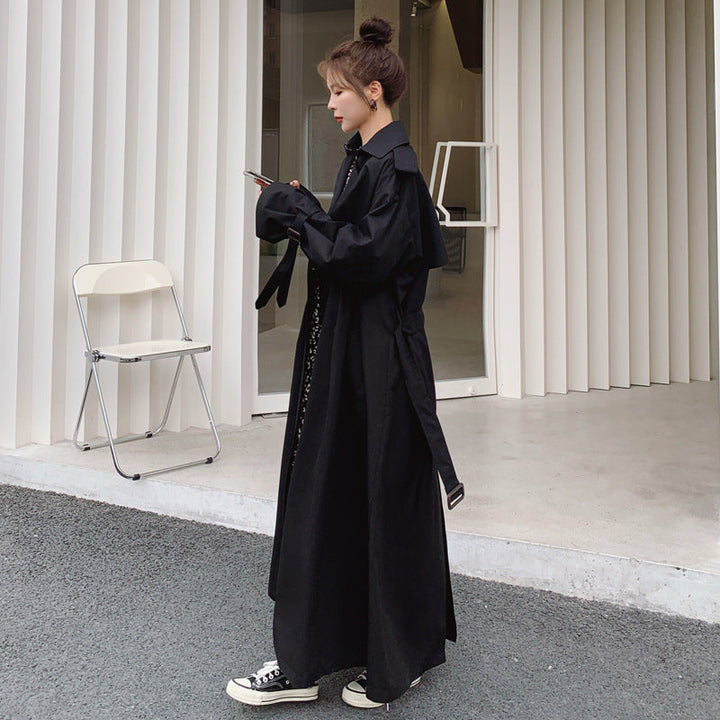 Dam lång Double-Breasted trenchcoat med midjebälte, Storm Flap, och bred oversized skärning