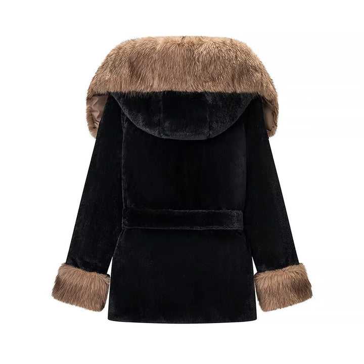 Dam mysig faux fur kappa jacka med huva, midjebälte och kontrast foder