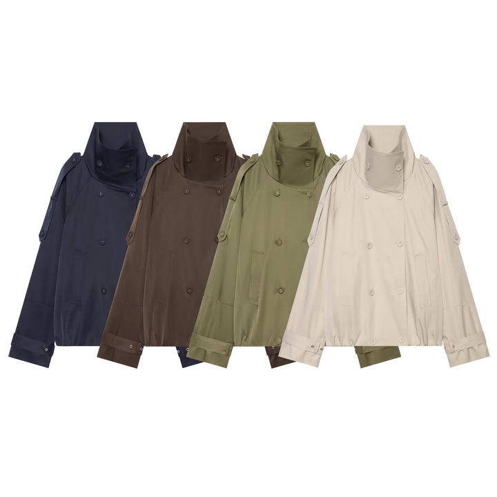Dam Cape-like kort Double-breasted trenchcoat med hög ståkrage och justerbar muddar