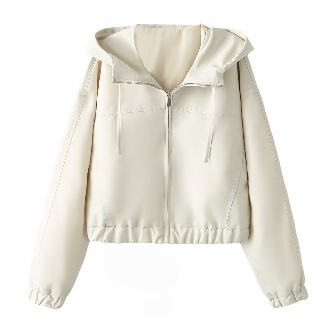 Dam Kort Kort Blouson med Huva, Dragkedja, och Elastic Nederkant