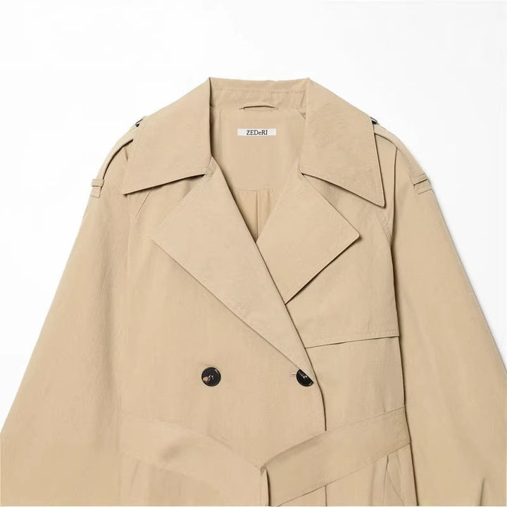 Dam kort double-breasted trench blazer med knytband och epaulettes