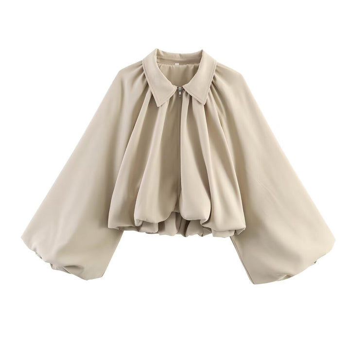 Dam kort cape med voluminous ärmar, dragkedja och gathered fåll