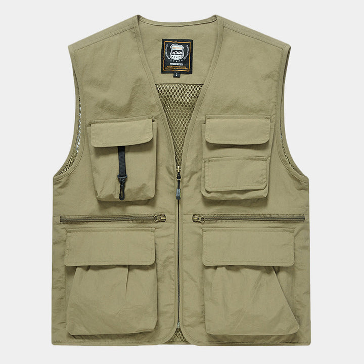 Herr Multi-Pocket Fishing Väst Tillverkad av Canvas med Mesh Ventilation och Dragkedja