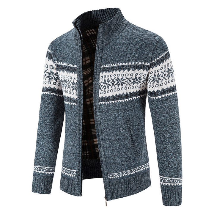 Herr Norwegian Knit Zip Jacka med Stående Krage, Warming Fleecefoder, och Dragkedja