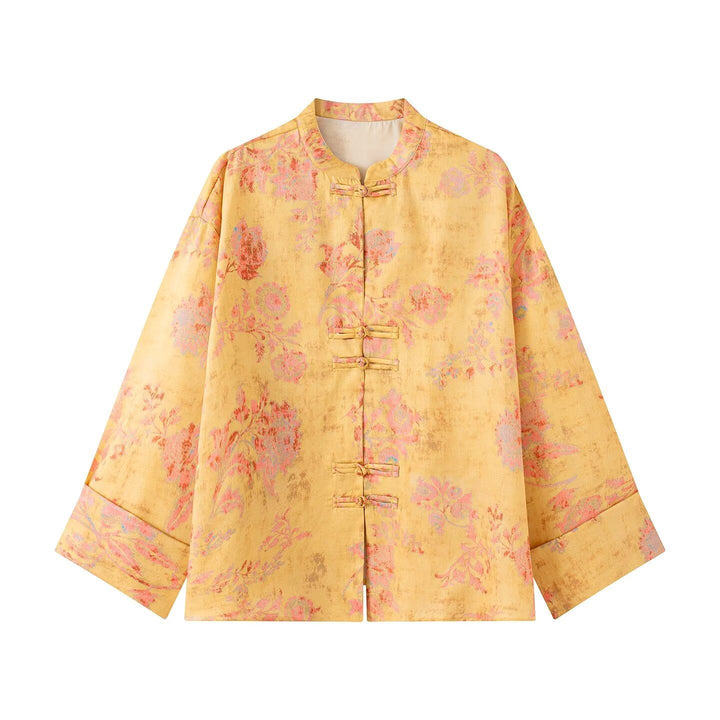 Dam Brocade Jacka med Mandarin Krage, Knot Closures och Wide Kimono Ärmar