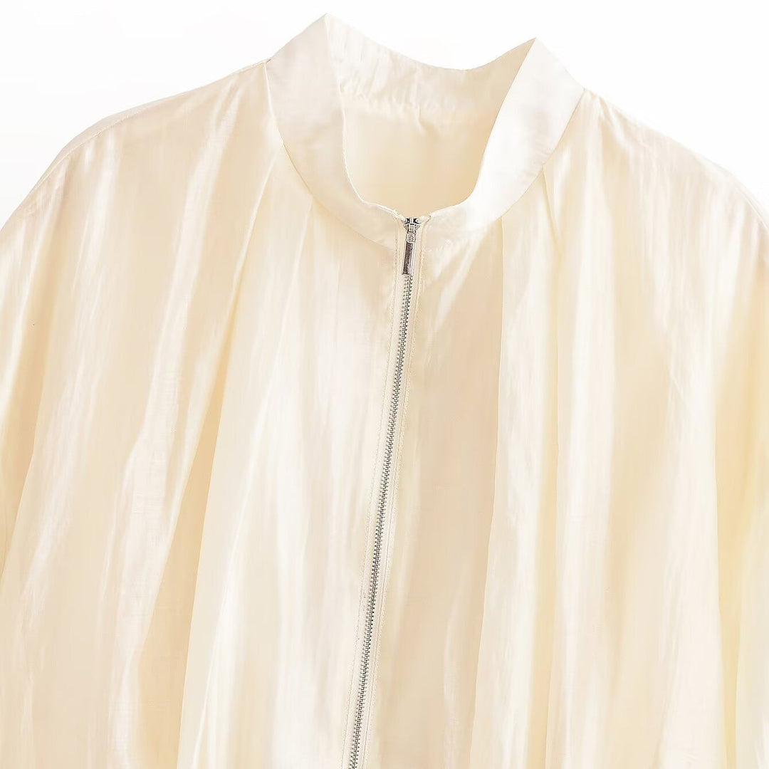 Dam Lätt Kort Blouson i Satin Look med Standing Krage och Elastic Nederkant