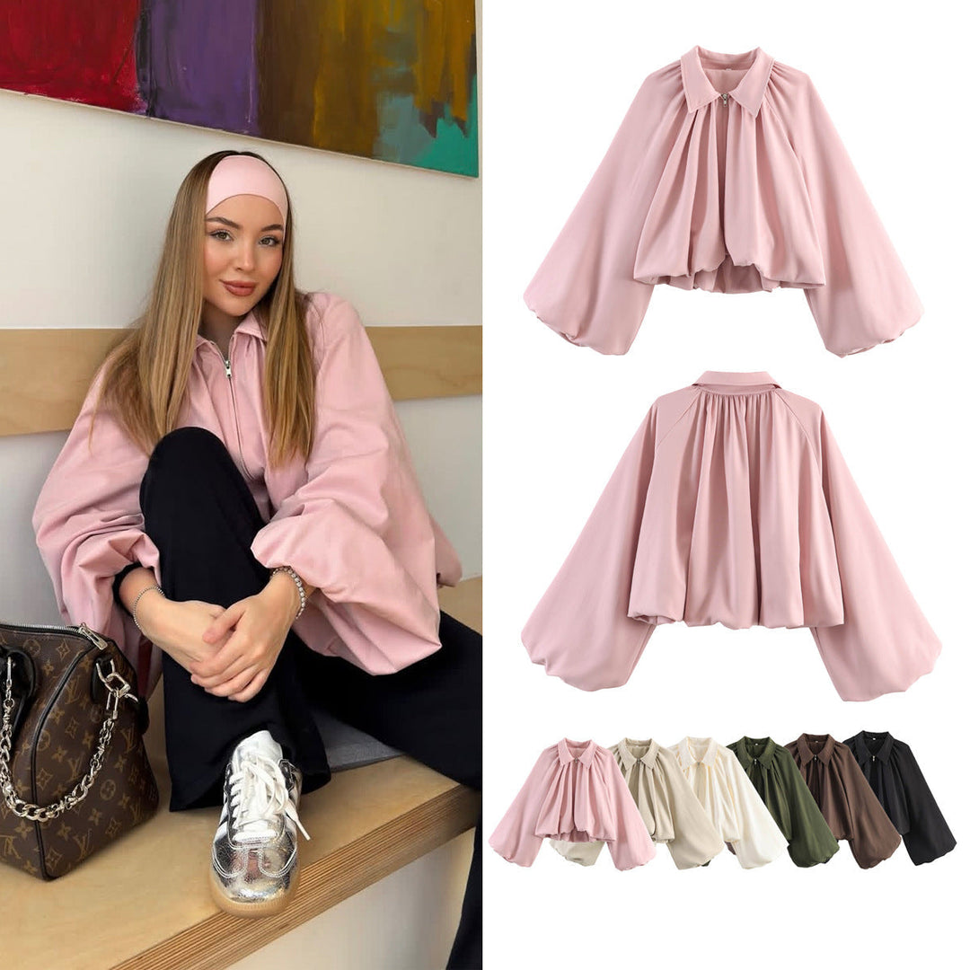 Dam Kort Cape Jacka med Voluminous Balloon Ärmar, Stå Krage och Dragkedja