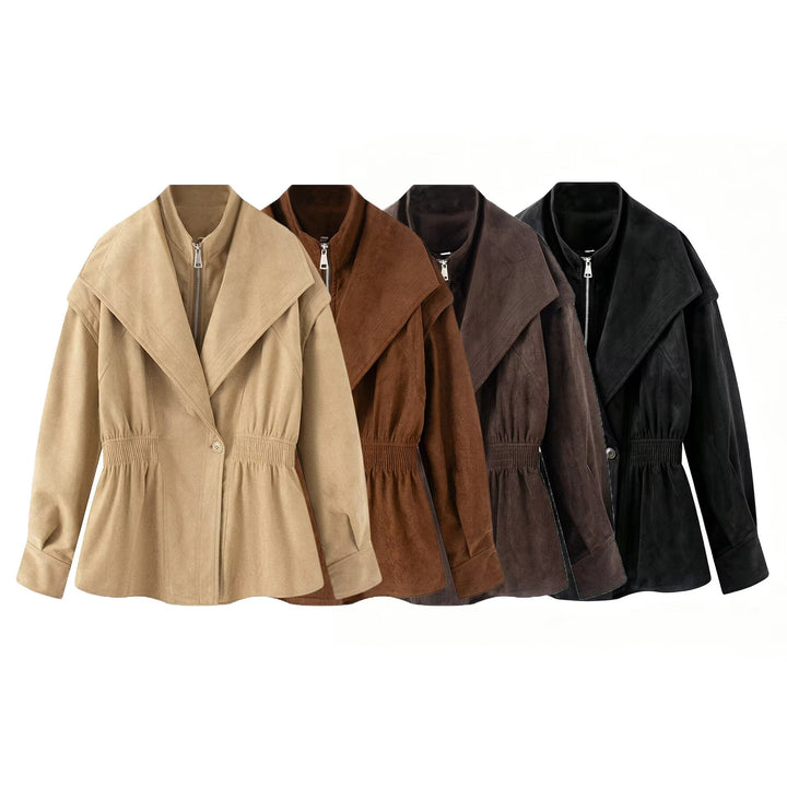 Dam Tailored Jacka i Suede Look med Stora Shawl Krage, Dragkedja och Gathered Waist