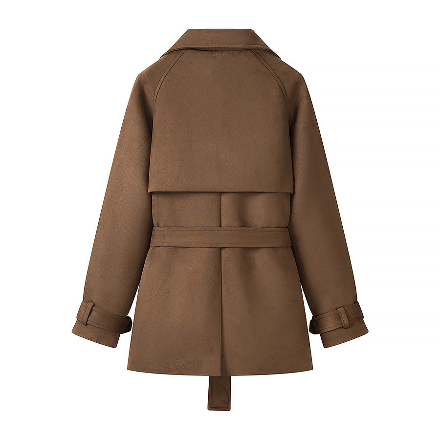 Dam kort mocka trenchcoat med Double-Breasted och midjebälte