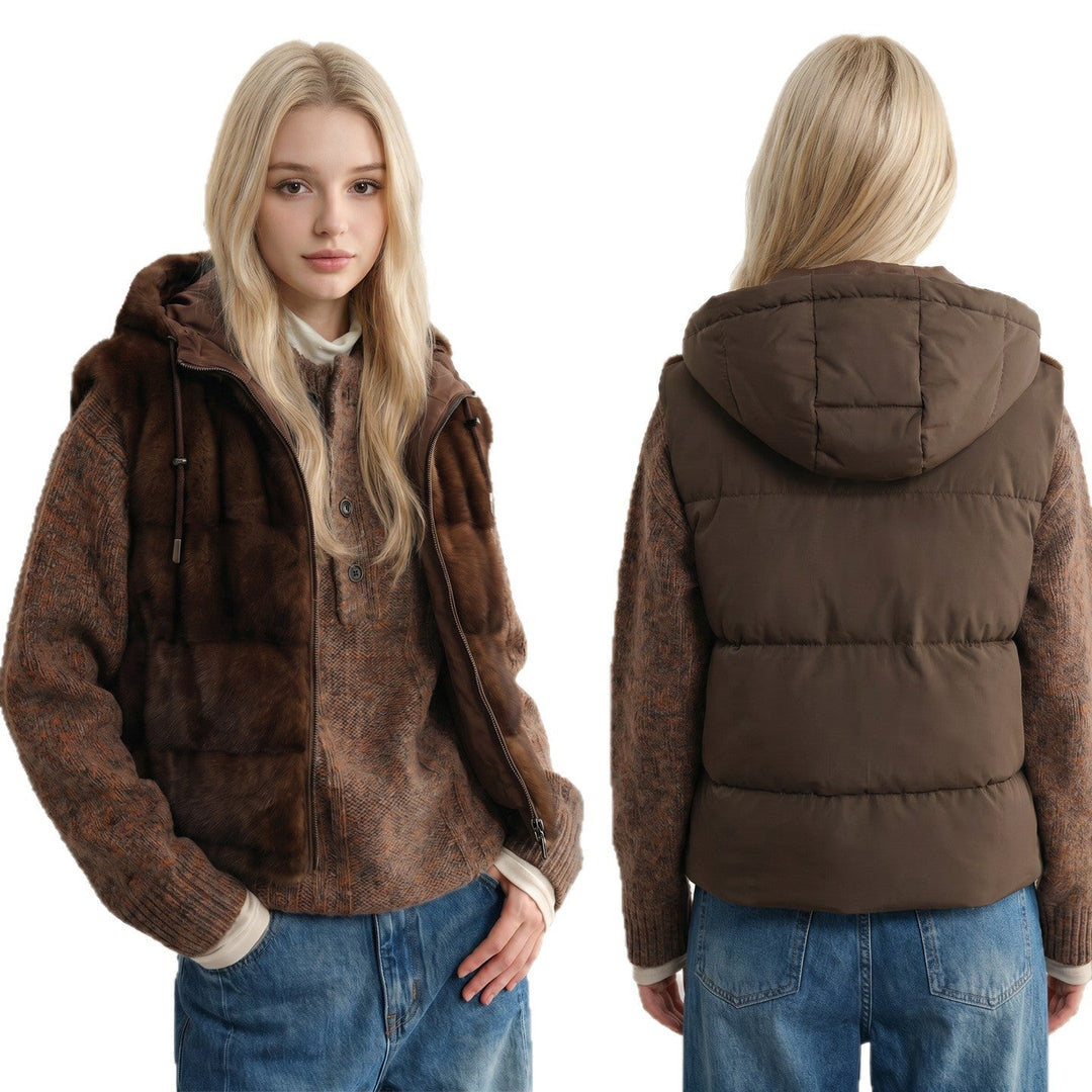 Dam Reversible plysch och quiltad väst med huva och Two-Way dragkedja