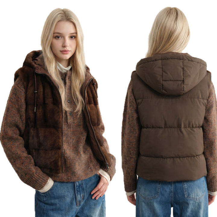 Dam Reversible plysch och quiltad väst med huva och Two-Way dragkedja