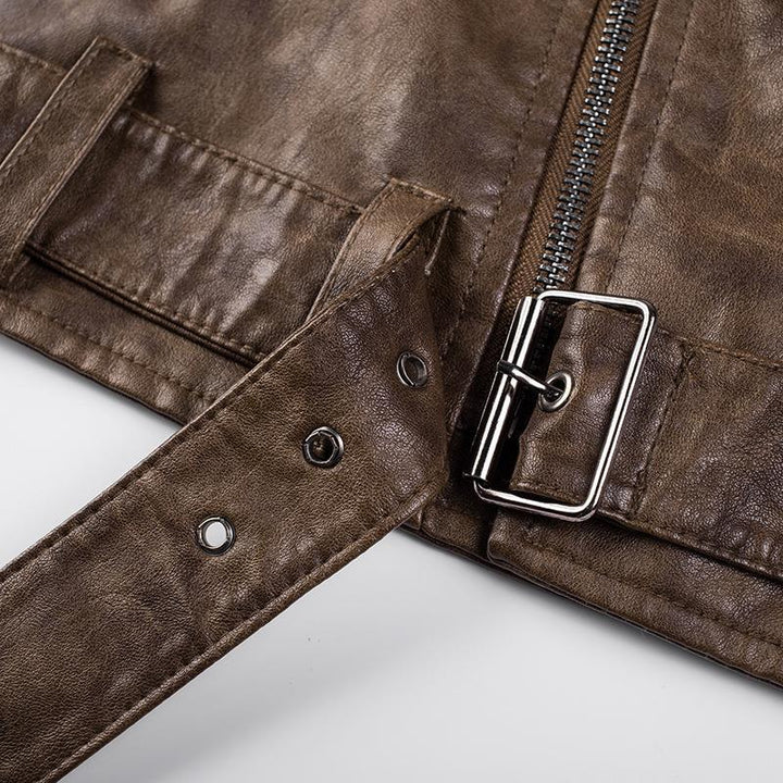 Herr Konstläder Biker Jacka med Axel Quilting, Asymmetric Dragkedja, och Justerbar Belted Midja