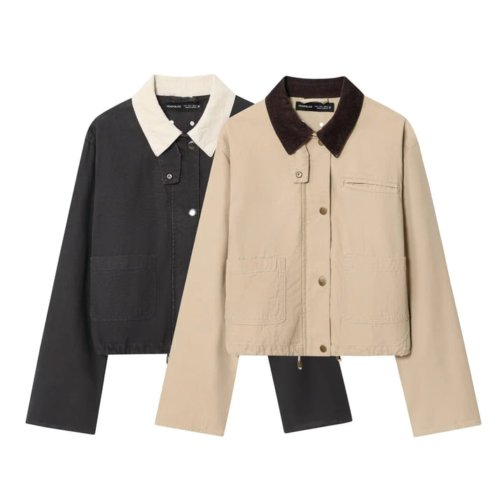 Dam kort chore jacka med manchester krage, press stud placket och drawstring fåll