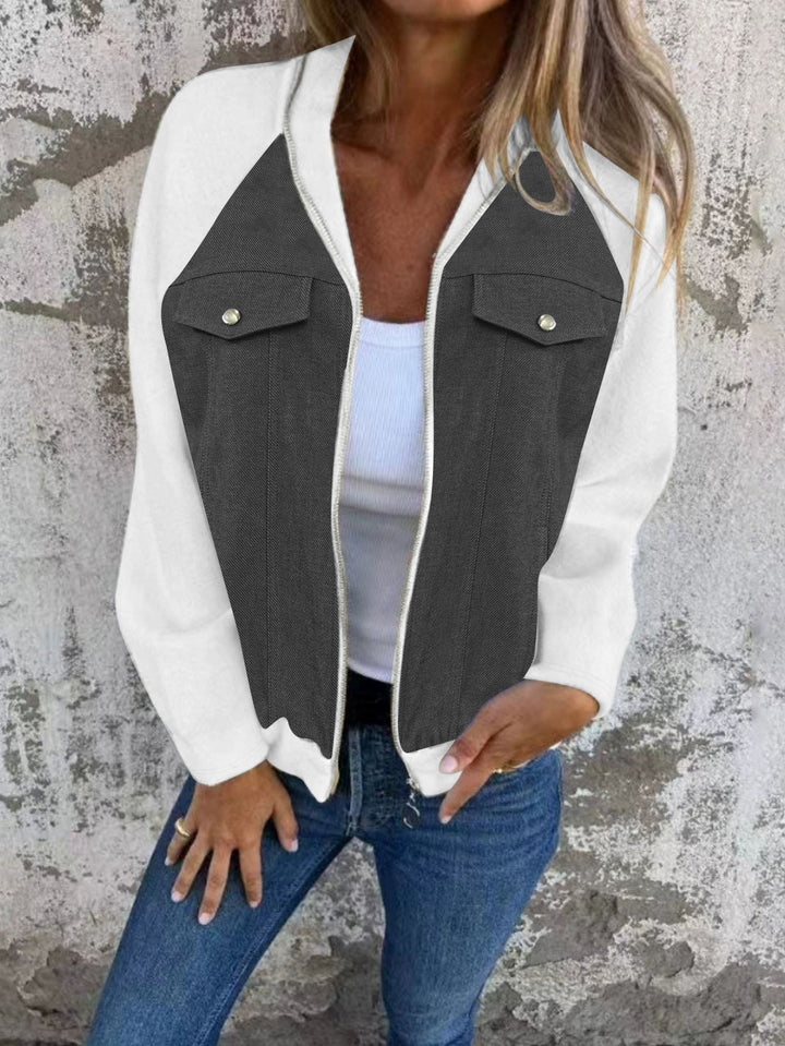 Dam denim mix blousonjacka med dragkedja och bröstfickor