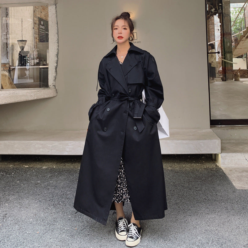 Dam lång Double-Breasted trenchcoat med midjebälte, Storm Flap, och bred oversized skärning