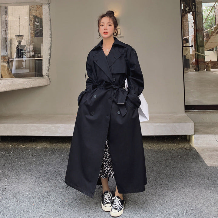 Dam lång Double-Breasted trenchcoat med midjebälte, Storm Flap, och bred oversized skärning
