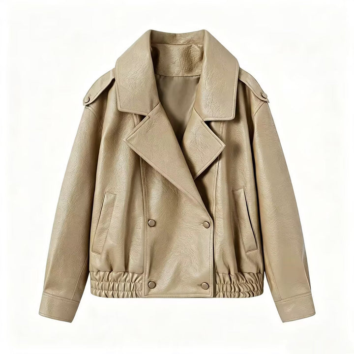 Dam Kort Skärning Double-Breasted Faux Läder Blouson med Elastic Nederkant