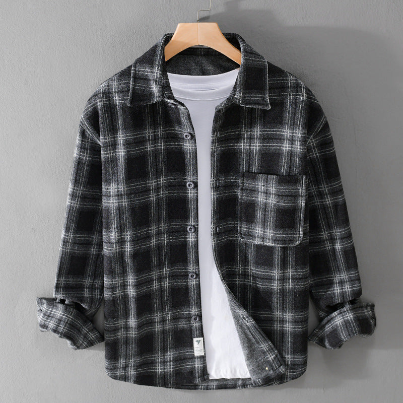 Herr Rutig Flanell Overshirt med Bröstficka och Avslappnad Passform