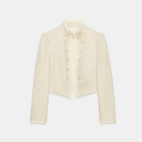 Dam Kort Military Blazer med Stå Krage, Dekorativ Knapp-Free Row och Pleated Ärmar