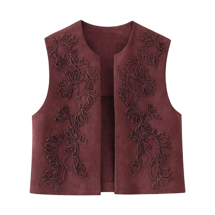 Dam embroidered mocka väst med open skärning, floral appliqué och figurnära silhuett