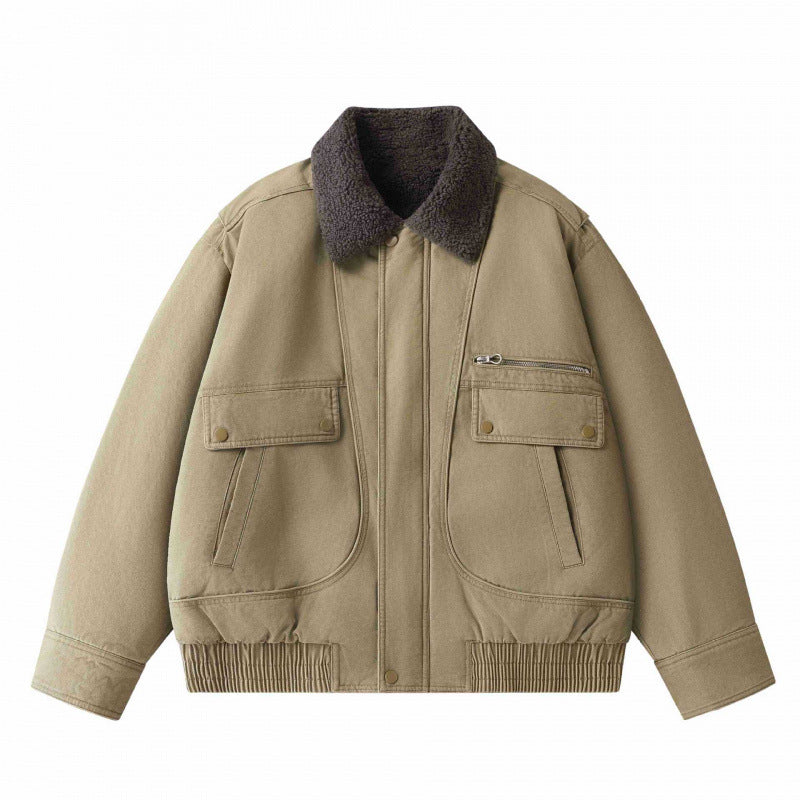 Herr short-cut canvas aviator jacka med Sherpa krage och flerafunction fickor