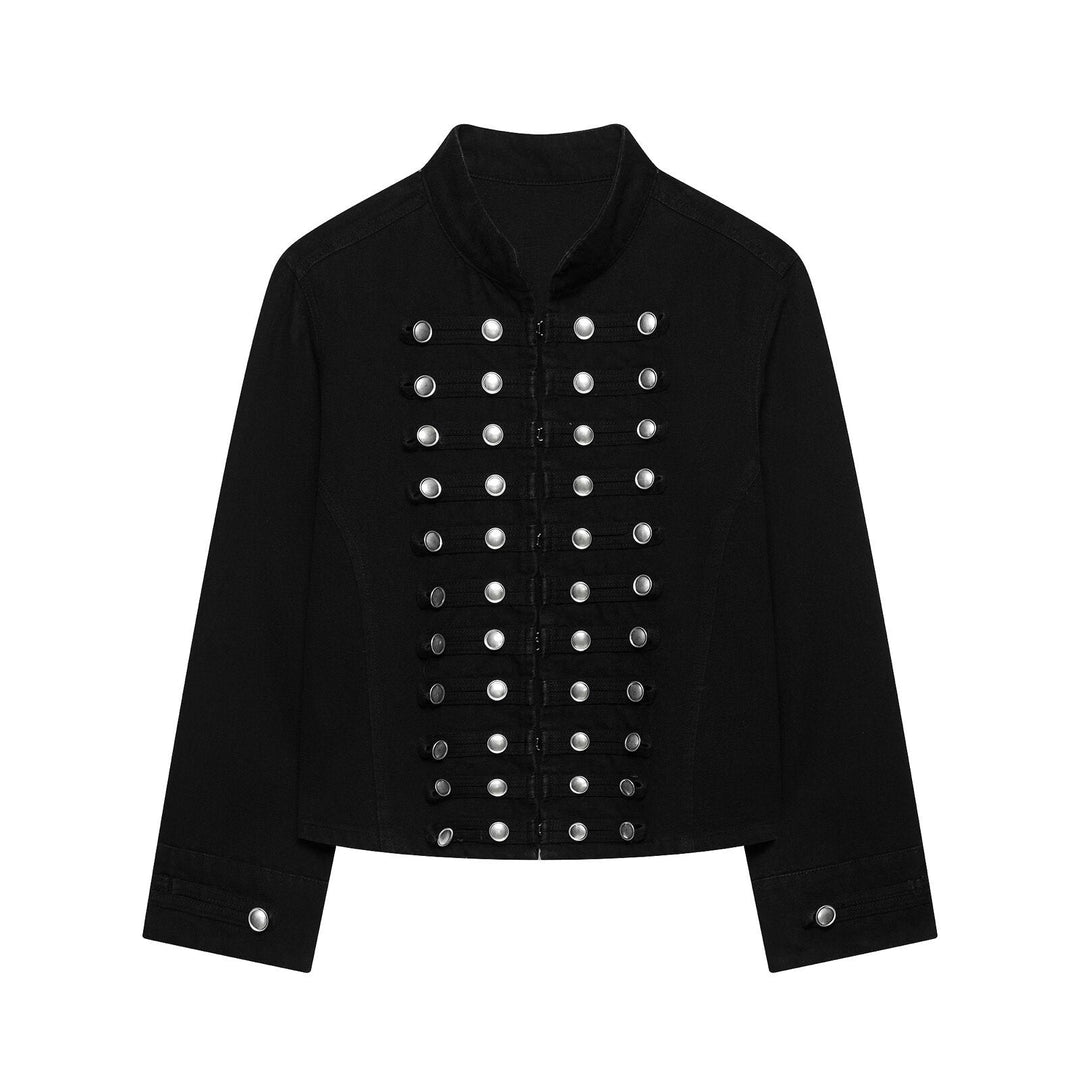 Dam Tailored Denim Blazer Jacka i Military Inspired Marshal Stil med Dekorativ Knapp Knäppning