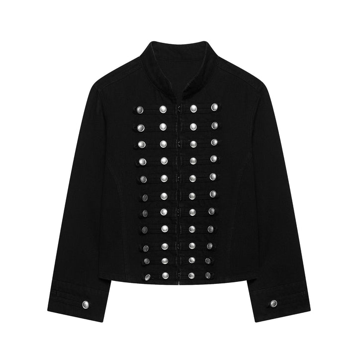 Dam Tailored Denim Blazer Jacka i Military Inspired Marshal Stil med Dekorativ Knapp Knäppning