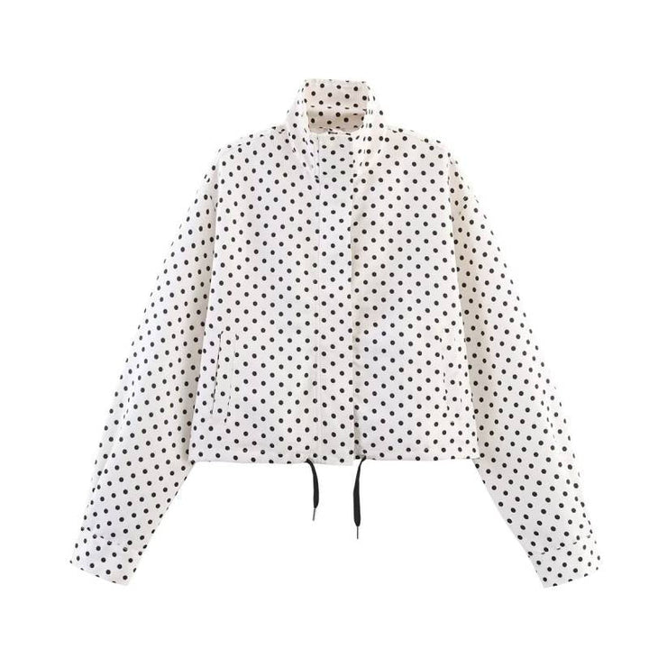 Dam kort kviltad jacka med Polka Dot tryck, Stand krage och dragsko
