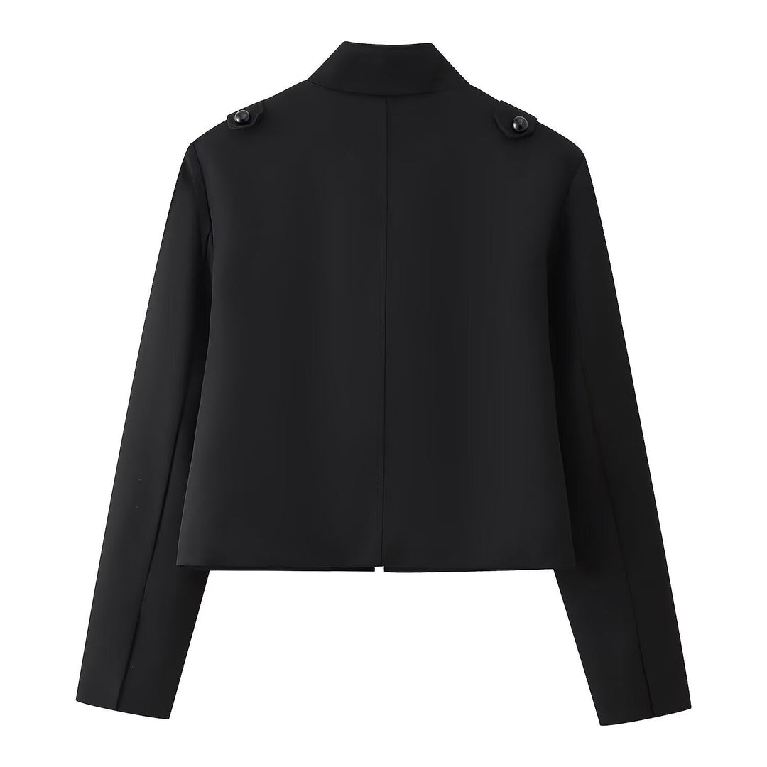 Dam Kort Uniform-Inspired Jacka med Stå Krage och Dekorativ Cord Applications