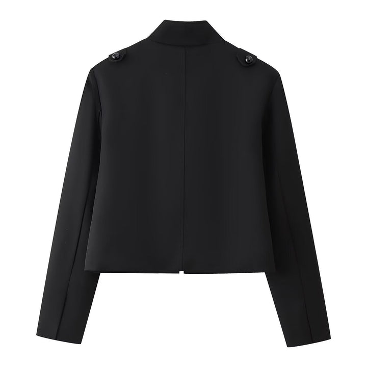 Dam Kort Uniform-Inspired Jacka med Stå Krage och Dekorativ Cord Applications