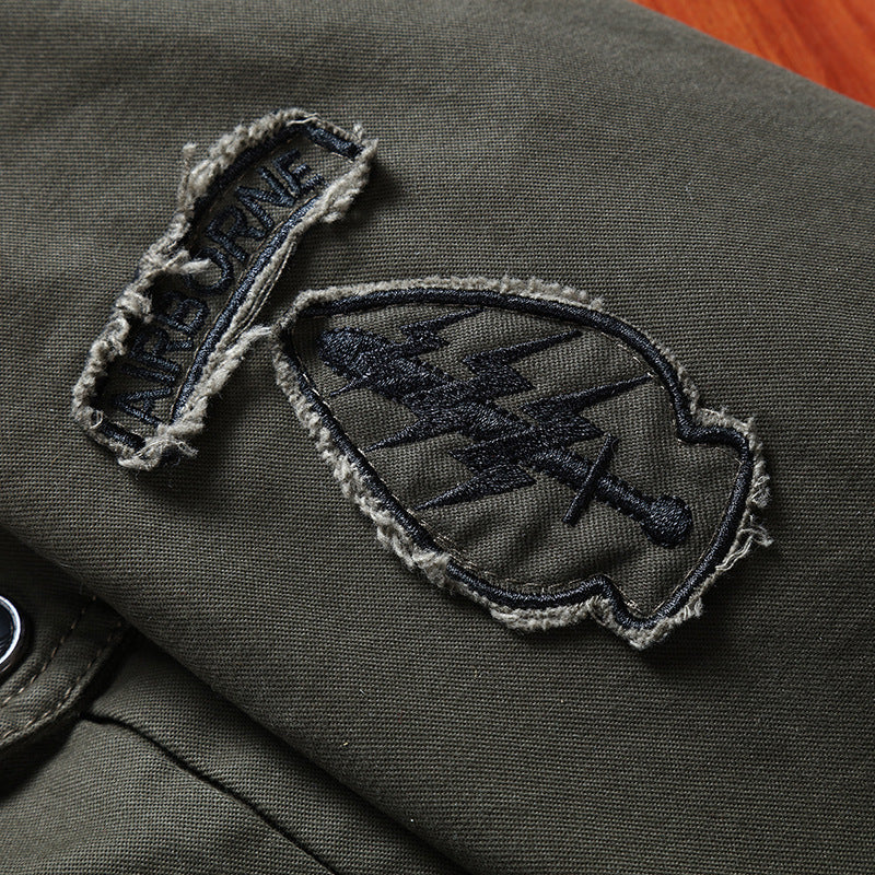 Herr Canvas Fältjacka i Militär Utility Stil med Stående Krage, Axel Patches, och Multi-Functional Fickor