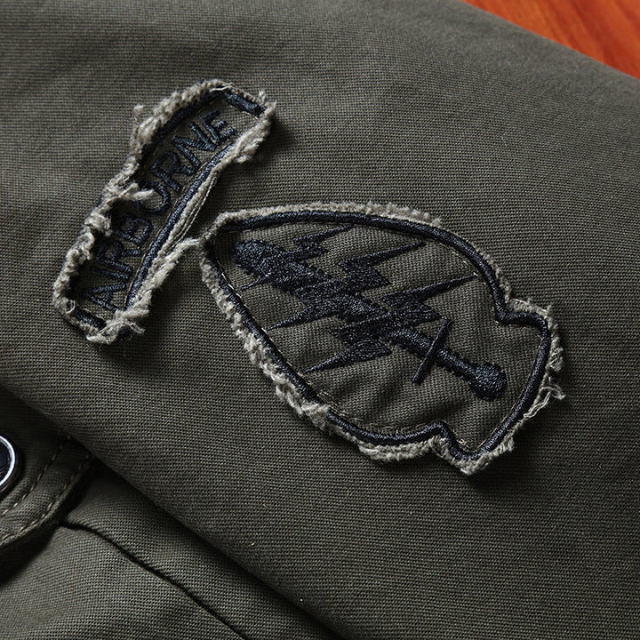 Herr Canvas Fältjacka i Militär Utility Stil med Stående Krage, Axel Patches, och Multi-Functional Fickor