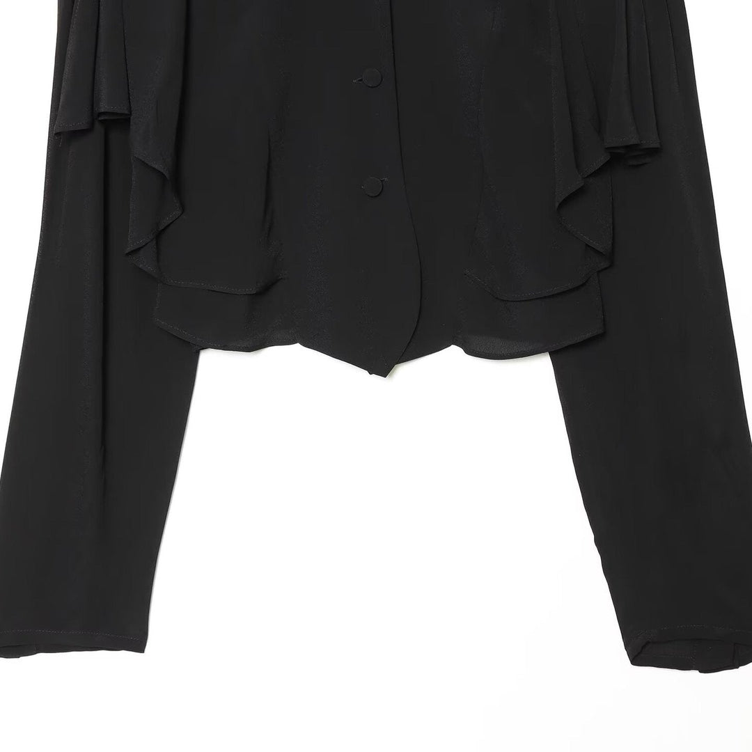 Dam Kort Jacka med Layered Ruffles, Stå Krage och Dold Knapp Knäppning