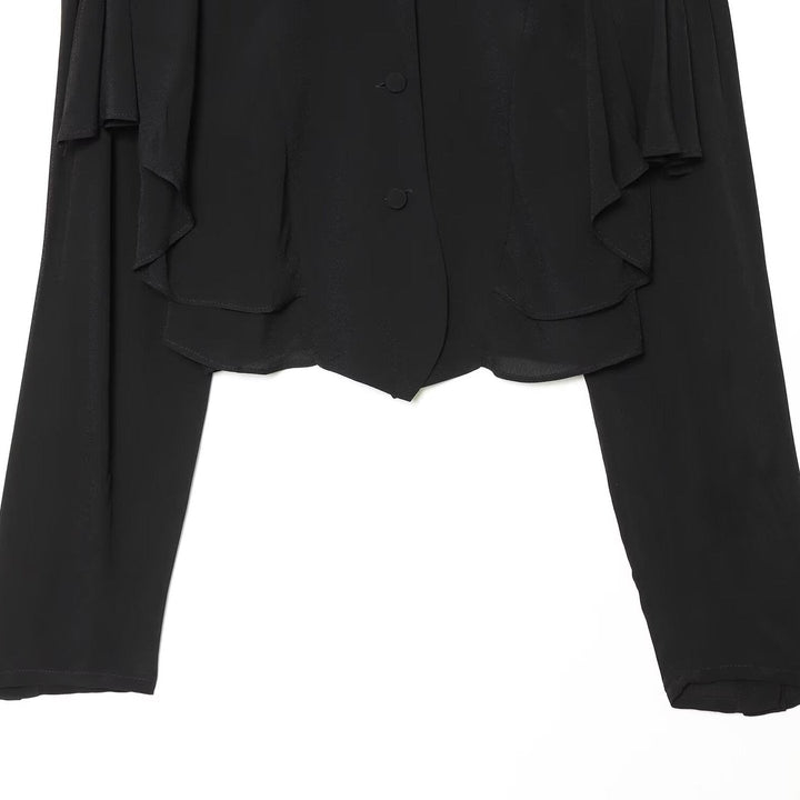 Dam Kort Jacka med Layered Ruffles, Stå Krage och Dold Knapp Knäppning