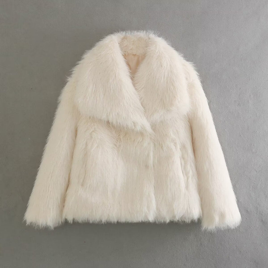 Dam kort Boxy Faux Fur jacka med vid Shawl krage och lång Fiber Faux Fur