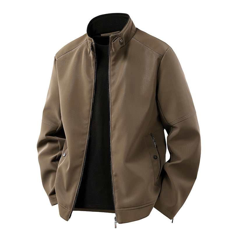 Herr Avslappnad Leather-Look Blouson med Stående Krage och Dold Dragkedja