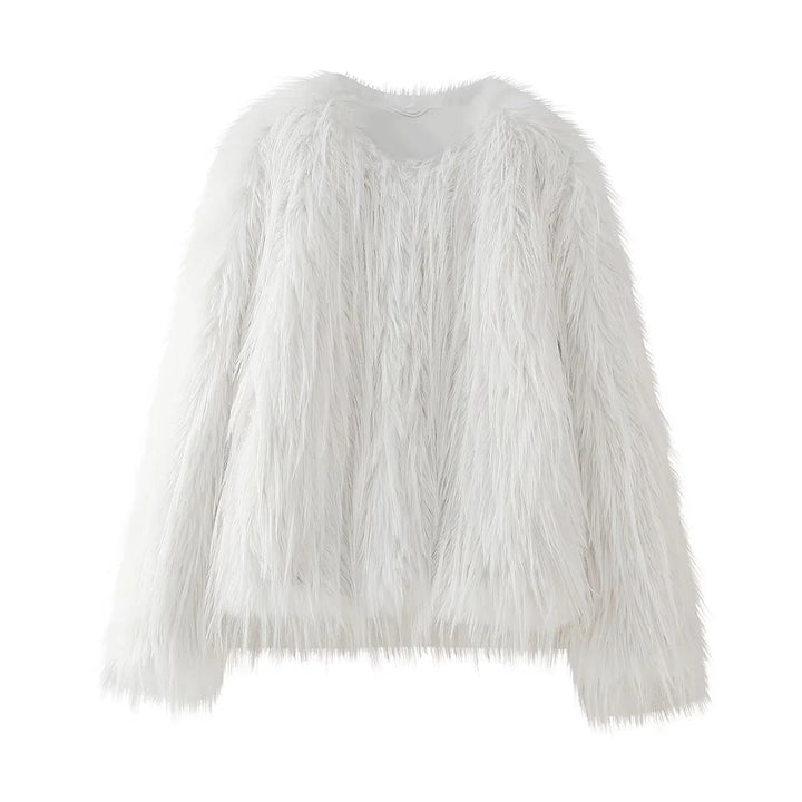 Dam kort eco faux pälsjacka med lång fiber flokati look, round neckline och concealed inside foder