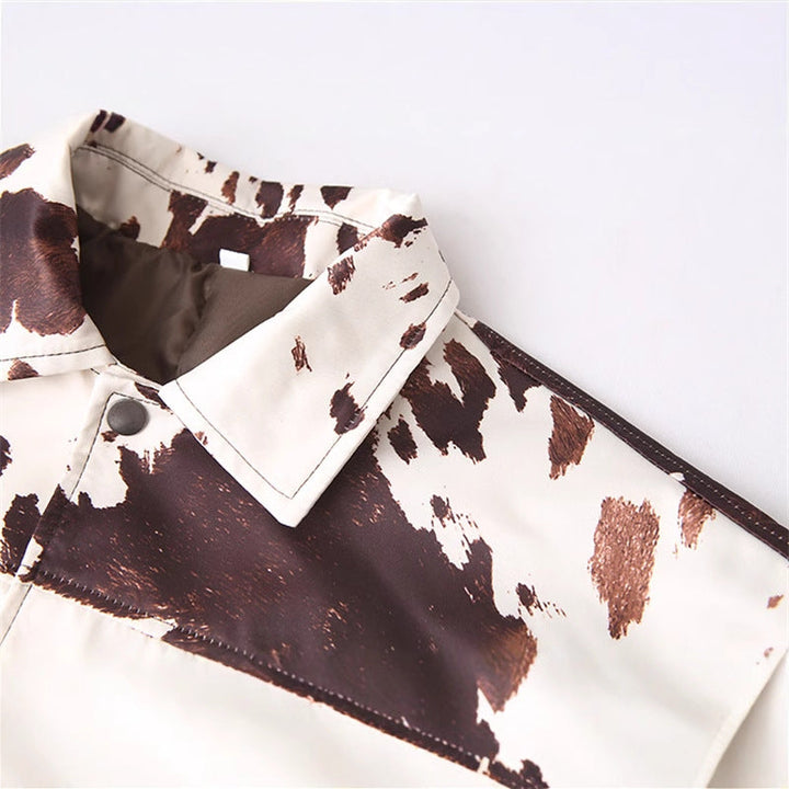 Dam Oversize jeansjacka med Cow Spot tryck Snap knäppning och Flap fickor