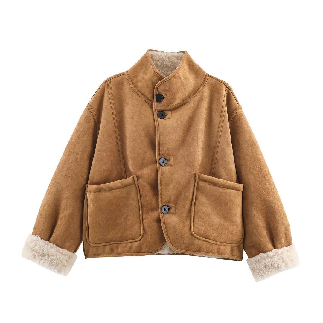 Dam Kort Lambskin Imitation Jacka i Boxig Skärning med Ståkrage och Stor Outer Fickor
