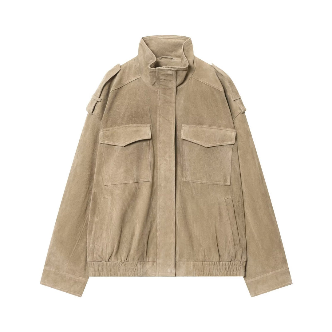 Dam Suede Fältjacka med Stå Krage, Epaulettes, och Patch Chest Fickor