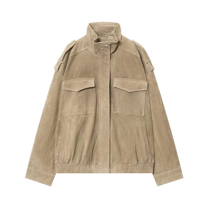 Dam Suede Fältjacka med Stå Krage, Epaulettes, och Patch Chest Fickor