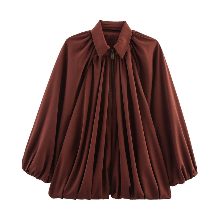 Dam 100+ Wide Gathered Blouse Jacka med Skjort Krage och Front Dragkedja