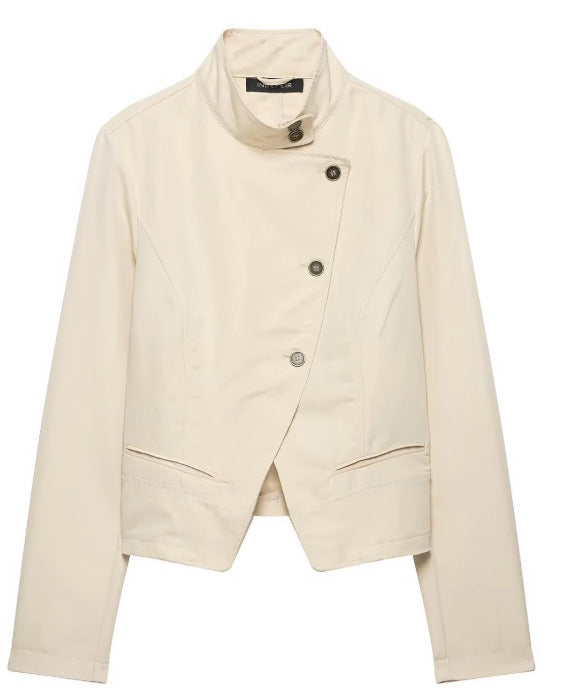 Dam Kort Tailored Avslappnad Jacka i Blouson Stil med Asymmetrisk Knapp Knäppning och Stå Krage