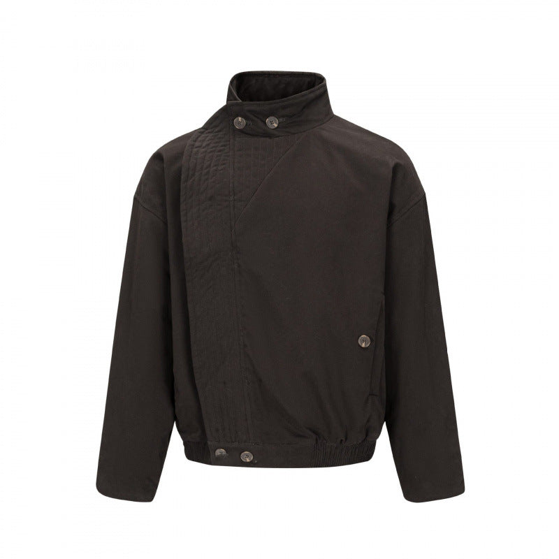 Herr Asymmetric Kort Jacka med ståkrage, quiltad Front Knäppslå och elastisk fåll