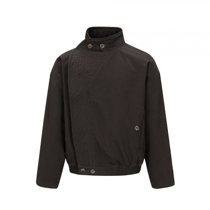 Herr Asymmetric Kort Jacka med ståkrage, quiltad Front Knäppslå och elastisk fåll
